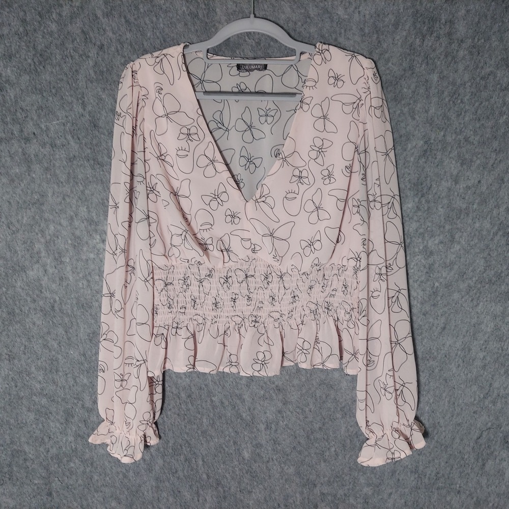 Lulumari Blouse XL Pink Butterfly Face Line Art Smocked Waist Peplum Romantic